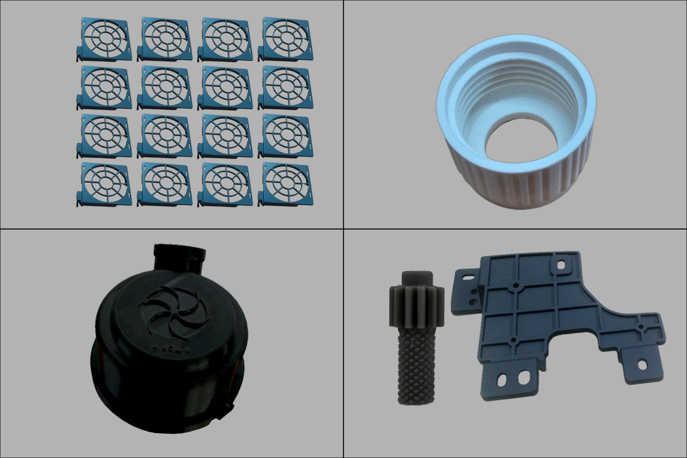 Assortment of 3D-printed and vacuum-cast parts showing different processes and materials — Stratnel