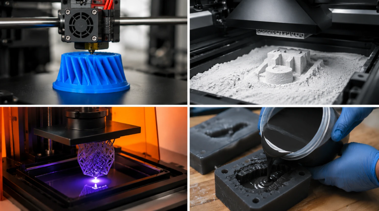 Four manufacturing technologies — FDM, SLS, SLA, and Vacuum Casting — Stratnel